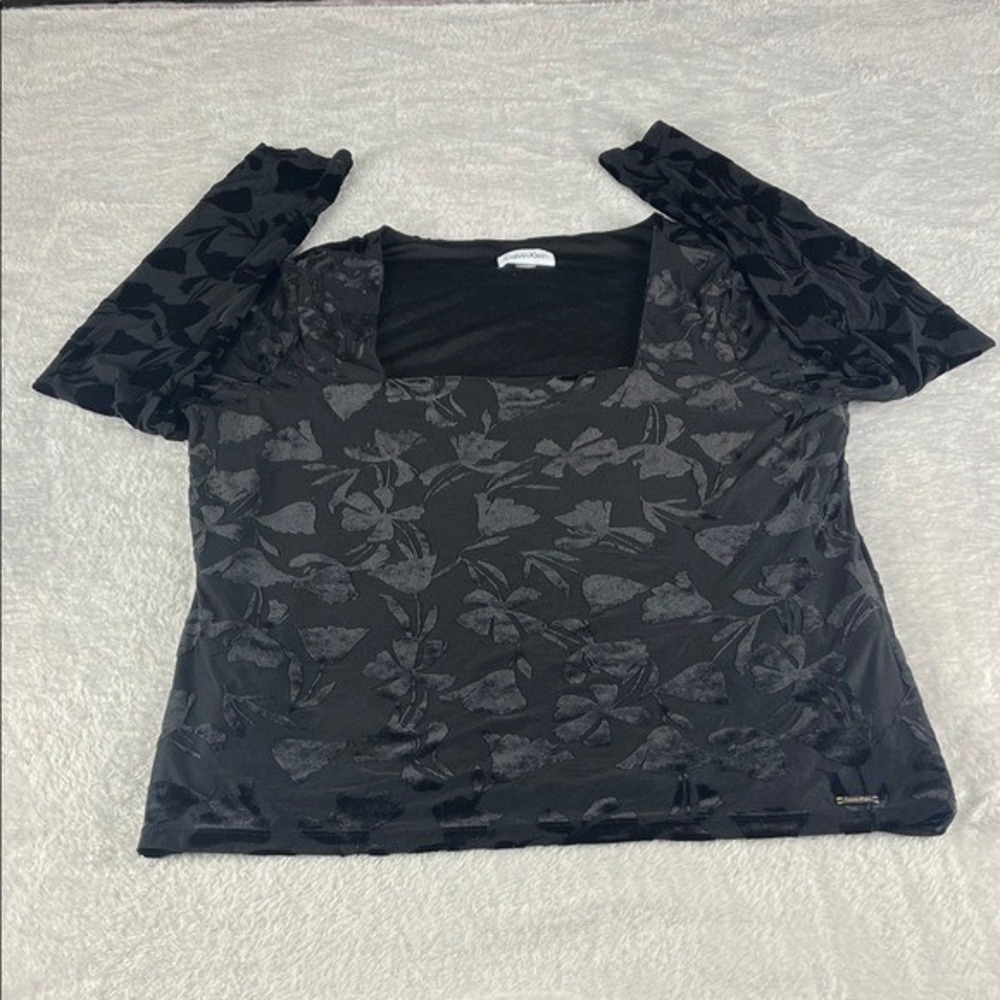 Calvin Klein Blouse Womens L Black Burnout Velvet Floral Square Neck
